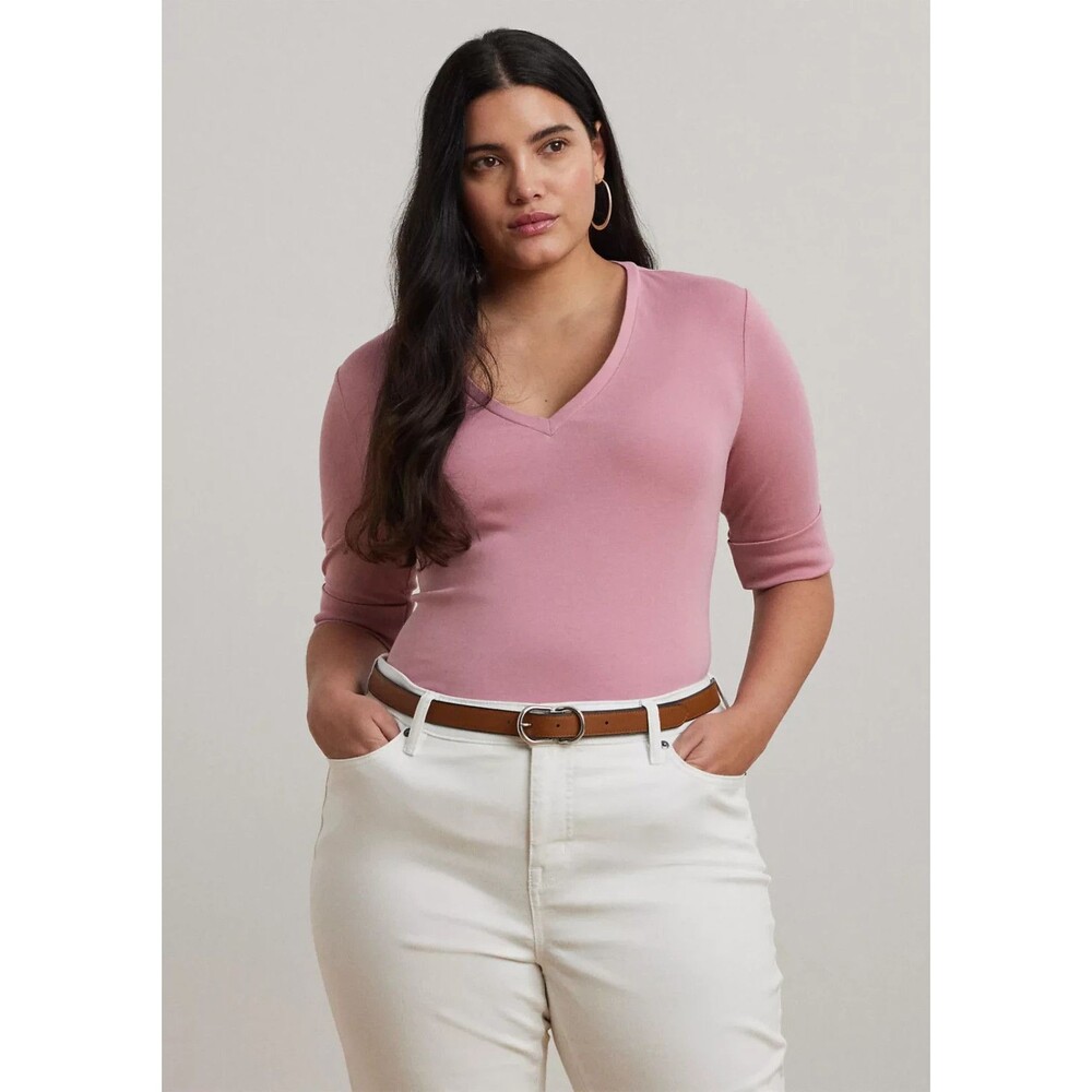 Lauren Ralph Lauren Women's Plus Size Stretch Cotton Elbow Slv V-Neck T-Shirt 2X